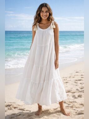 J. Crew White Tiered Maxi Dress with Tassel Straps